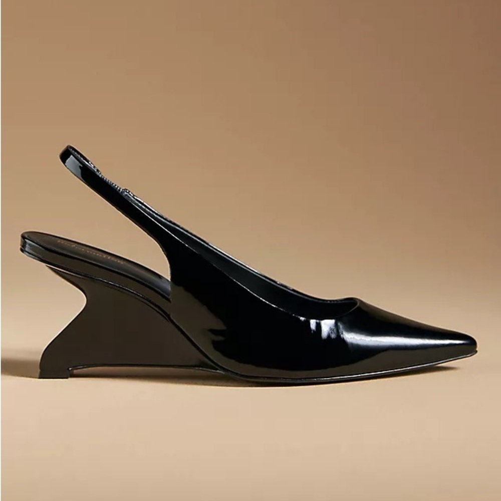 Reformation Black Patent Pointed Slingback Wedge Heels